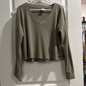 PINK Olive Green V-Neck Waffle Knit Top